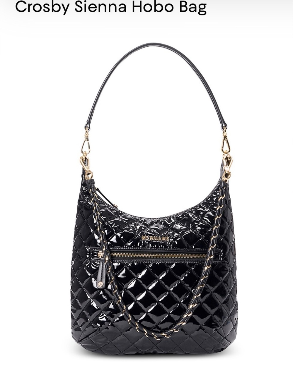MZ Wallace Crosby Sienna Hobo Bag. Black Lacquer/ Gold.